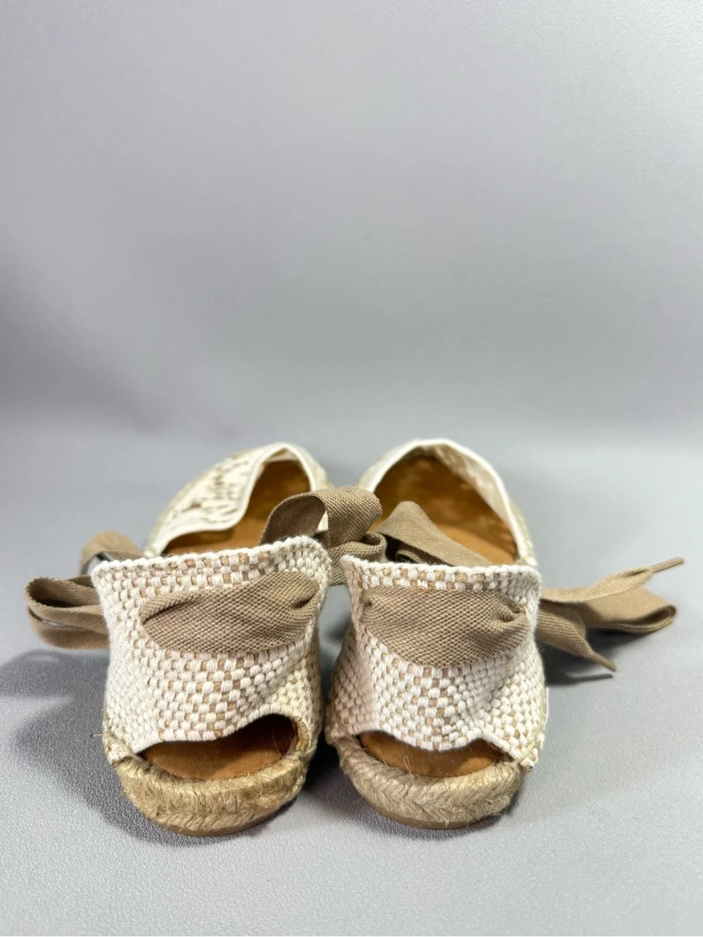 MAYPOL Anthropologie Cream Crochet Lace Ankle Tie Espadrille Flats